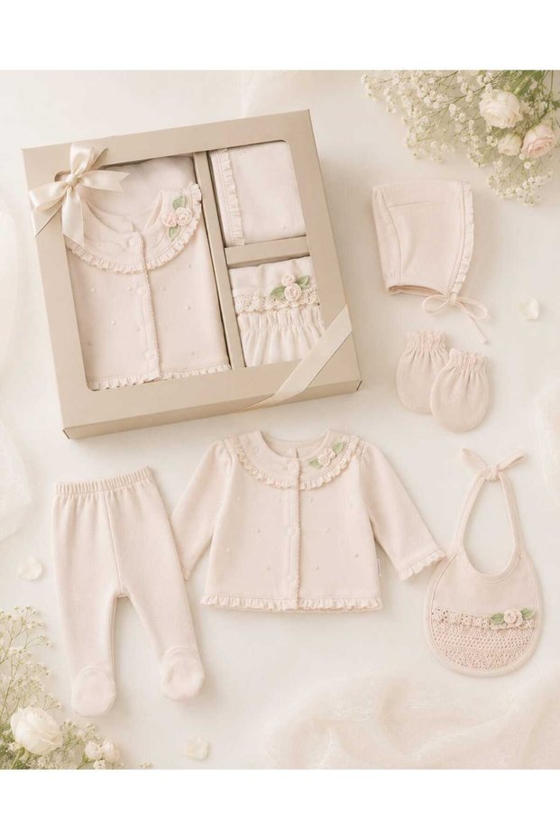 5 Piece Luxury Hospital Release Newborn Baby Set Powder & Ecru 100% Cotton Baby Girl Bodysuit Set Boxed Gift