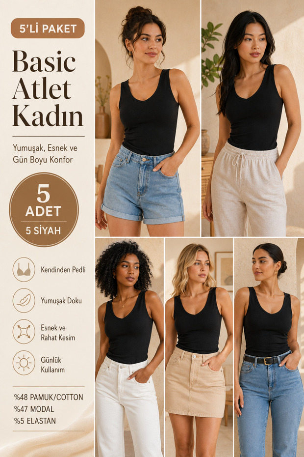 Women's Cotton & Modal V-Neck 5-Piece Camisole Undershirt - with Gathering Chest Pads