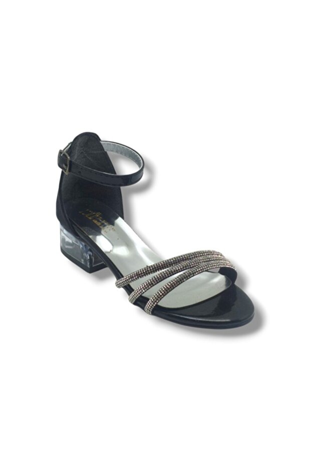 Dilan 860-26 Stripe Stone Glittery 3-Stripes Short Transparent Heel Girls' Sandals