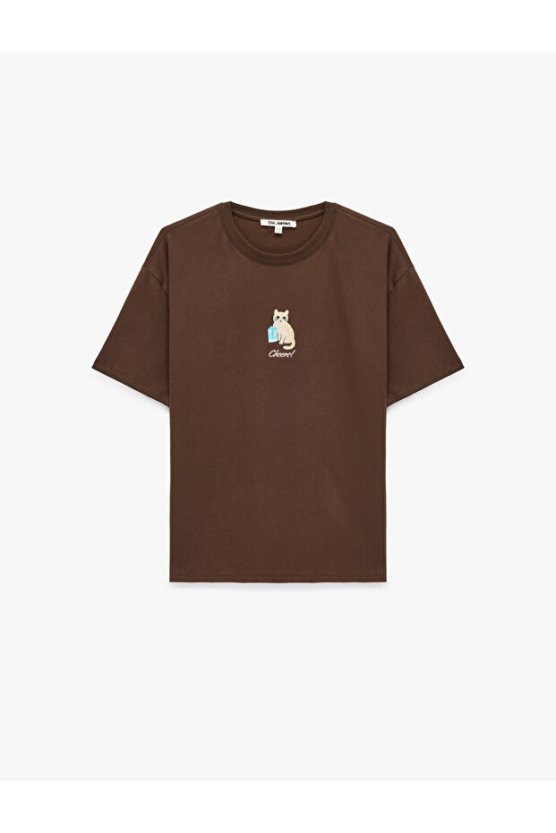Comfortable Fit Short Sleeve Cat Embroidered Crew Neck Cotton T-Shirt