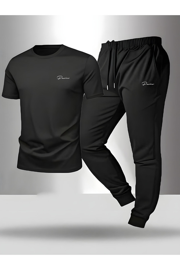 Unisex Black Balance Printed Tshirt Black Summer Tracksuit Set