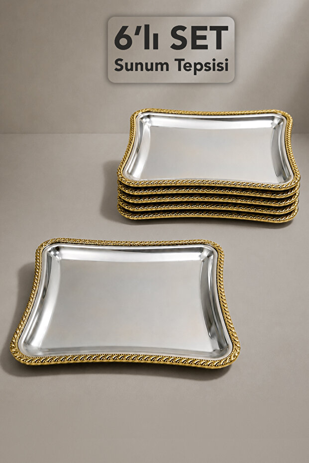 6-Piece Spike Patterned Tray - Stainless Steel Coffee and Catering Serving Presentation Tray with Gold Frame