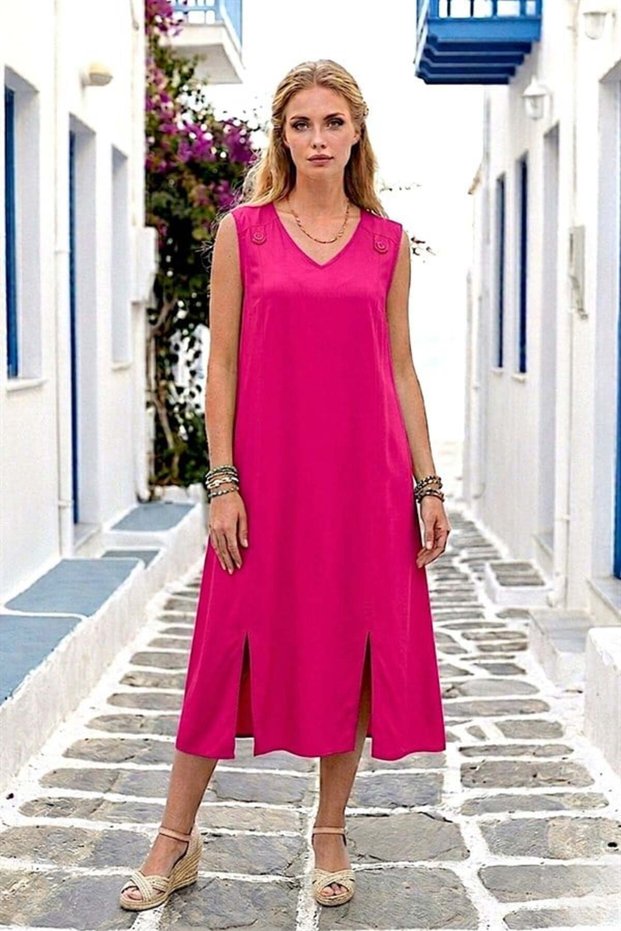 Fuchsia Button Detail Back Tie Linen Dress