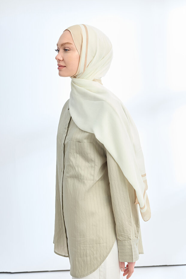 Elegant Harmony Frame Pattern Shawl - Ecru - Beige - 3