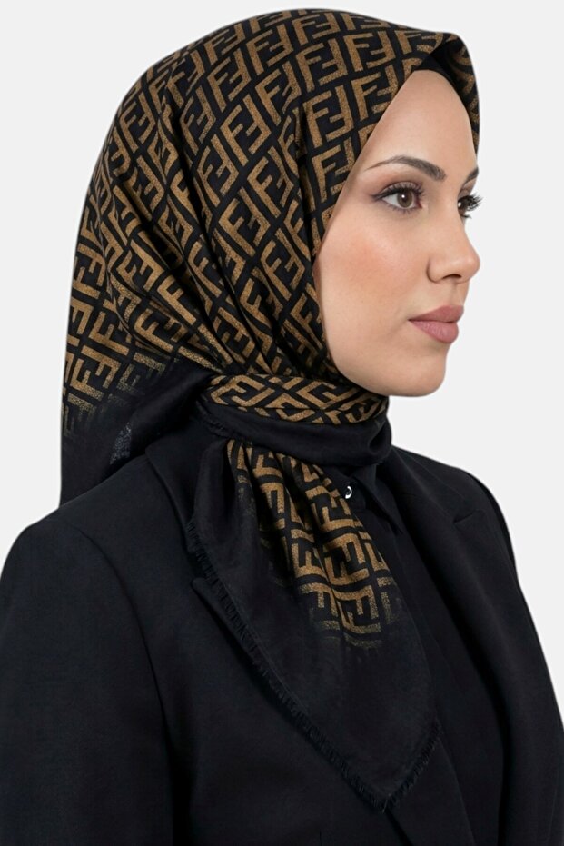 Women's Black Mustard Letter Patterned Flared Scarf