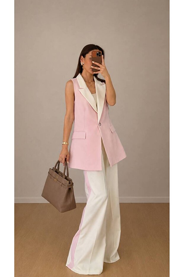 Women's Garnished Vest Palazzo Pants Suit Long Vest Suitable for Tesettür