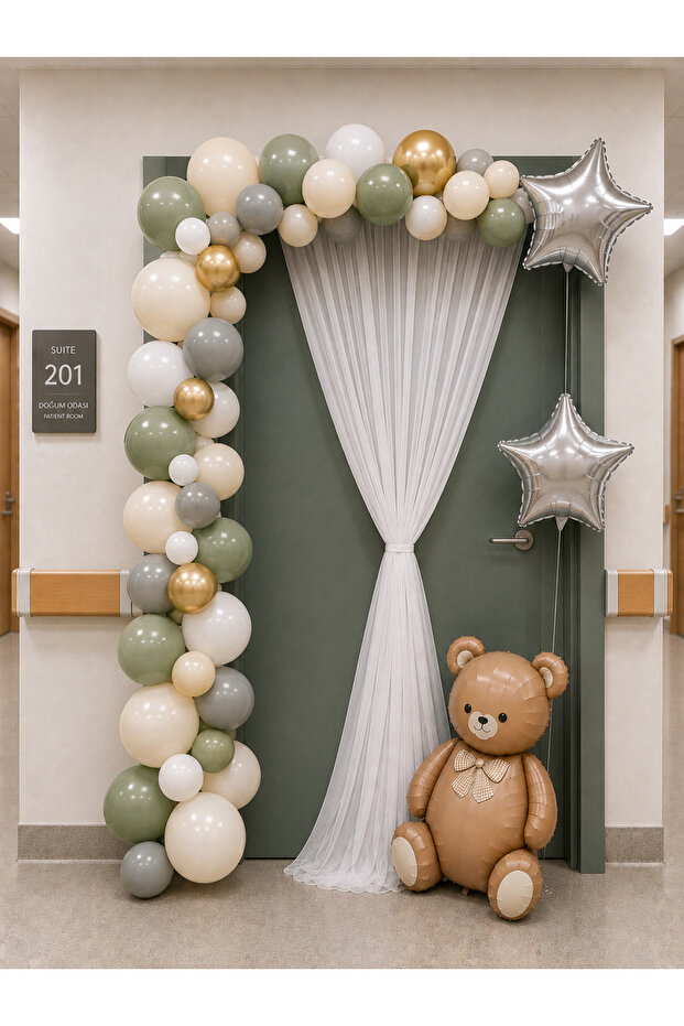 Green and White Hospital Room Door Decoration Set for Girls and Boys Baby Shower Balloon Door Tulle Concept