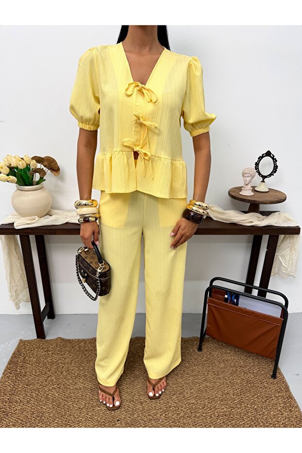 Drawstring Tie-Back Blouse and Pants Set