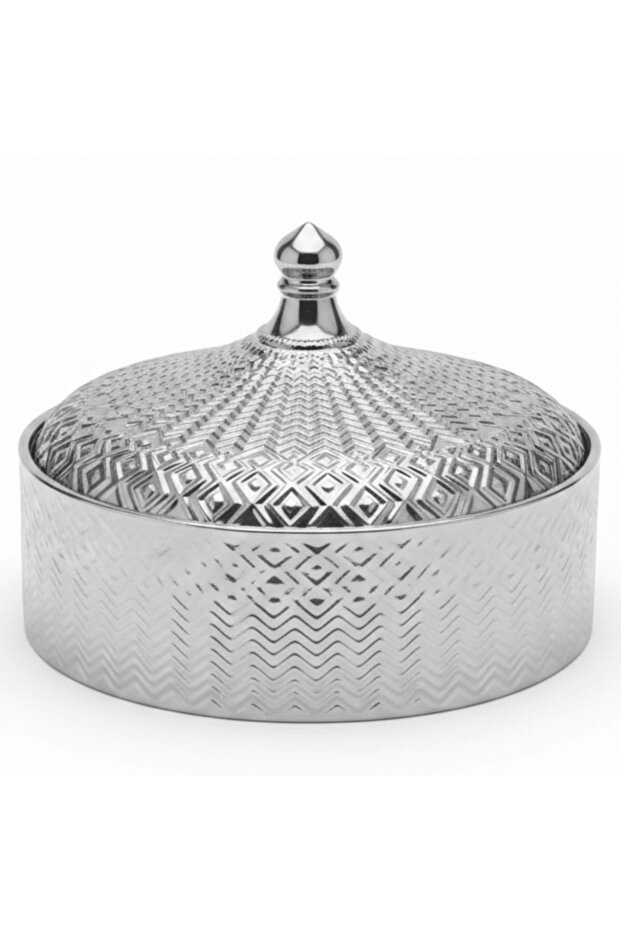 Luxury Ceramic Candy Bowl with Lid | Embossed Geometric Design | 23×7.5 cm | Gold & White,Silver & White