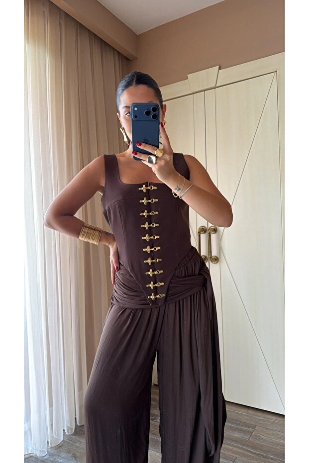 Women's Brown Gold Buckle Underwire Corset-Look Bustier Blouse - Stylish Event Combination 8044