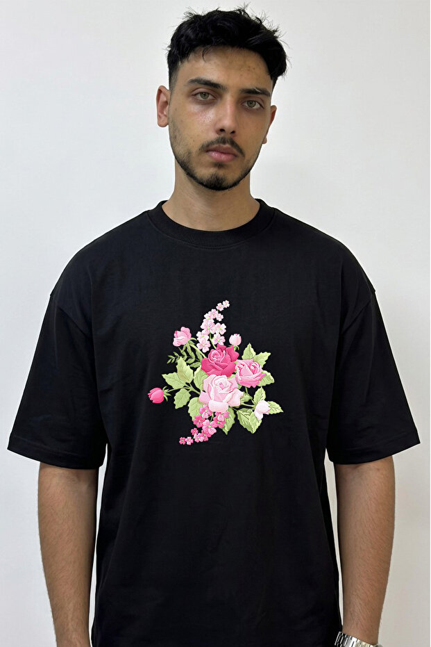 Pink Roses_1 Design Printed Oversize Black T-Shirt