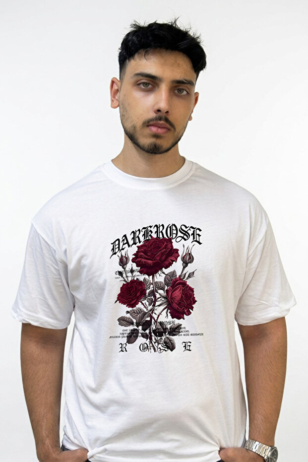 Dark Rose Design Printed Oversize White T-Shirt