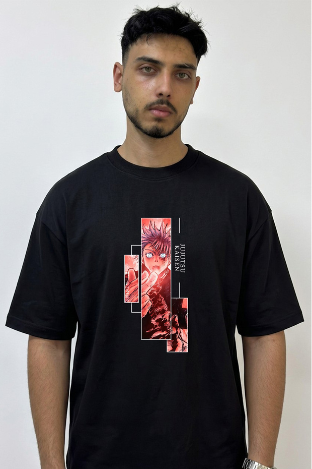 Itadori Yuji Jujutsu Design Printed Oversize Black T-Shirt