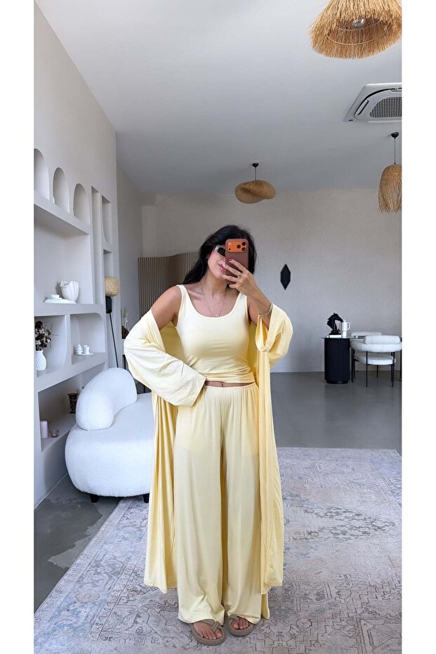 Yellow Viscose Slim Elastic Pants