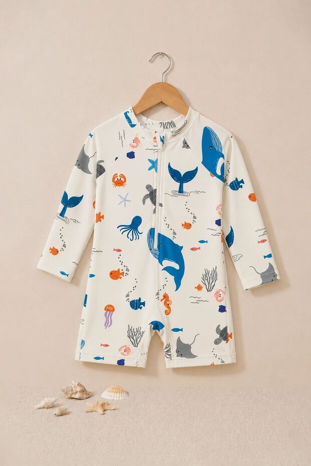 Long Sleeve Ocean Themed Baby Boy Romper Swimsuit