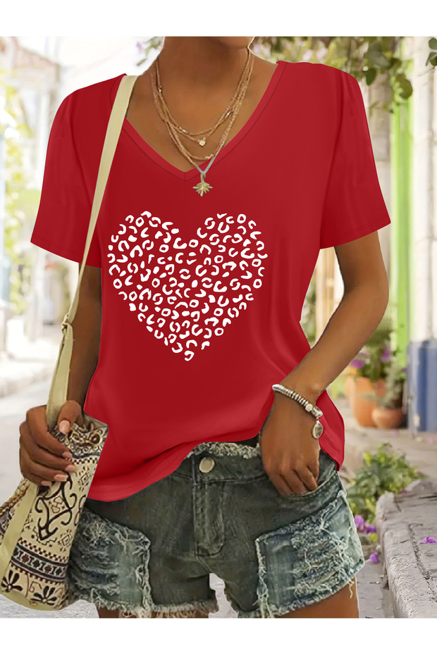Women's Heart Printed V-Neck Sleeves Regular Fit Comfortable T-Shirt