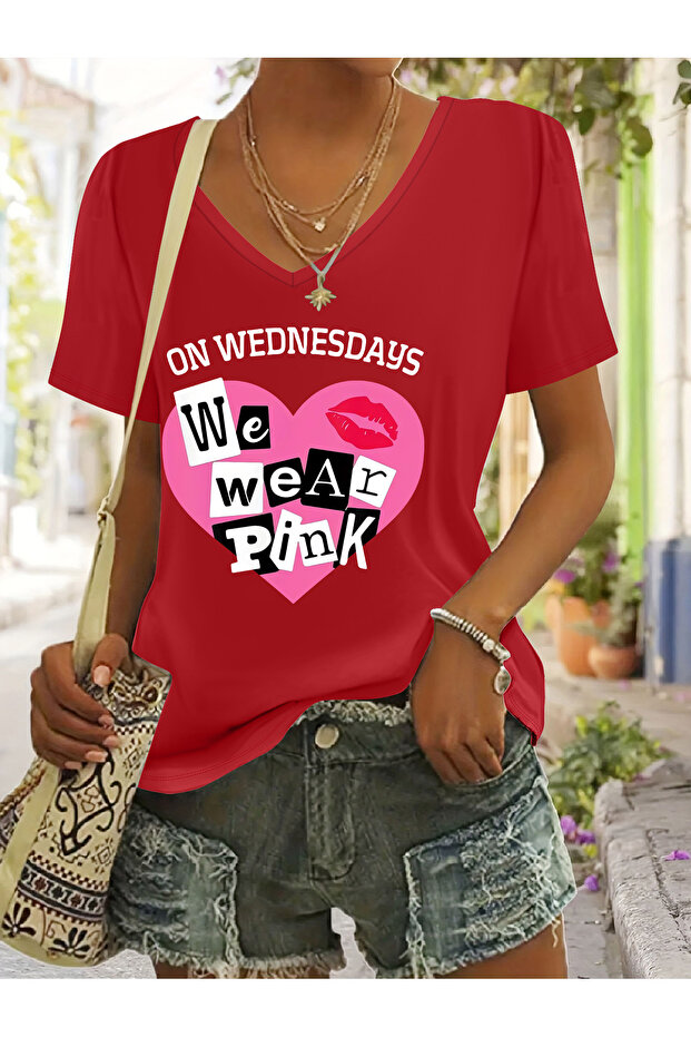 Women's Heart Printed V-Neck Sleeves Regular Fit Comfortable T-Shirt