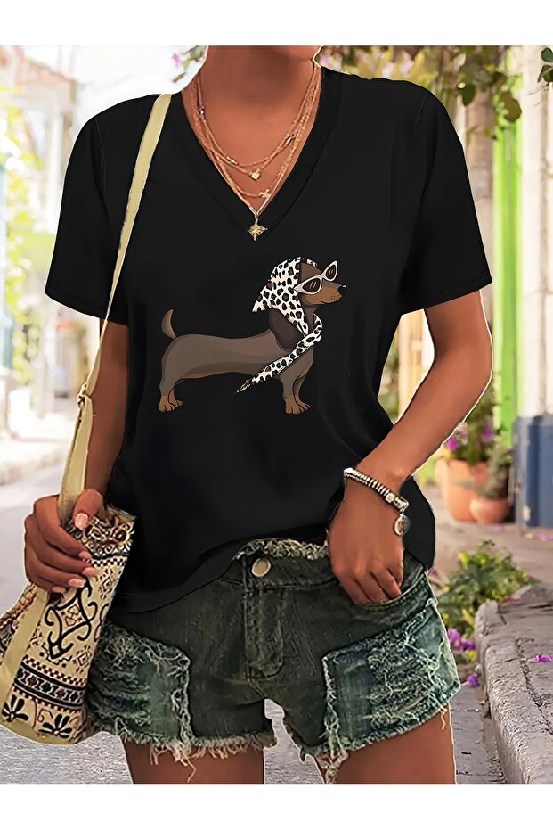 Women's Mix Printed V-Neck Sleeved Regular Fit Comfortable T-Shirt