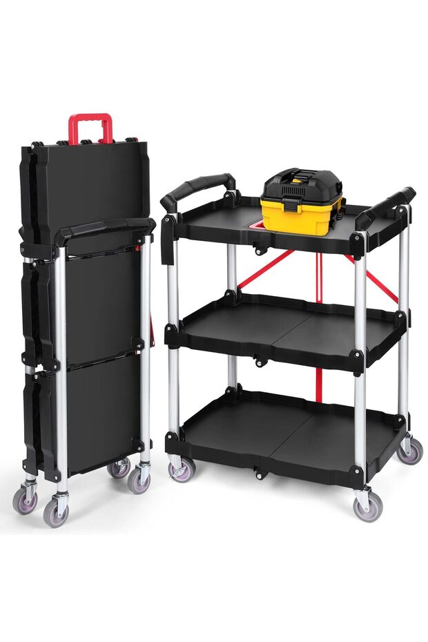 Portable Folding Utility Service Cart, 3-Tier Folding Cart, 165 lb Rolling Cart with 360° Swivel Casters, Folding Utility Carts for Office, Warehouse, and Home