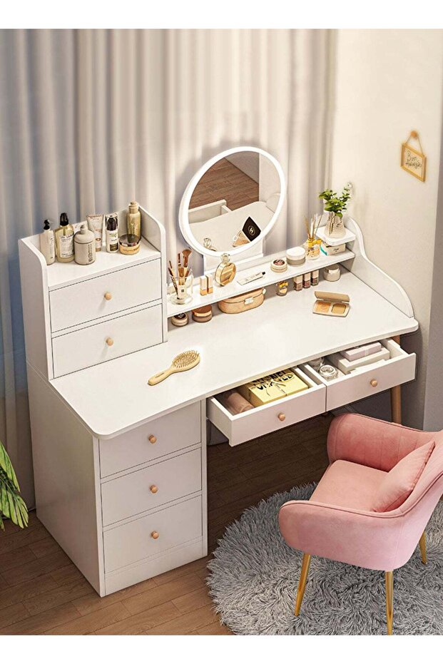 LED Mirror Make up Table, Modern Minimalist Bedroom Dressing Table, Vanity Table with 7 Drawers for Storage