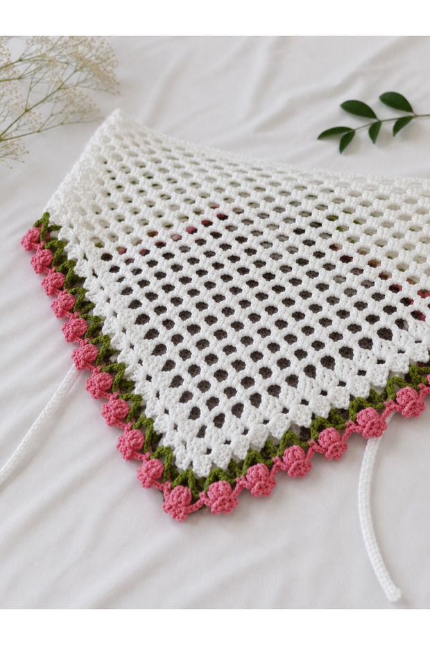 Pink Floral Detailed Handmade Knitted Triangle Bandana