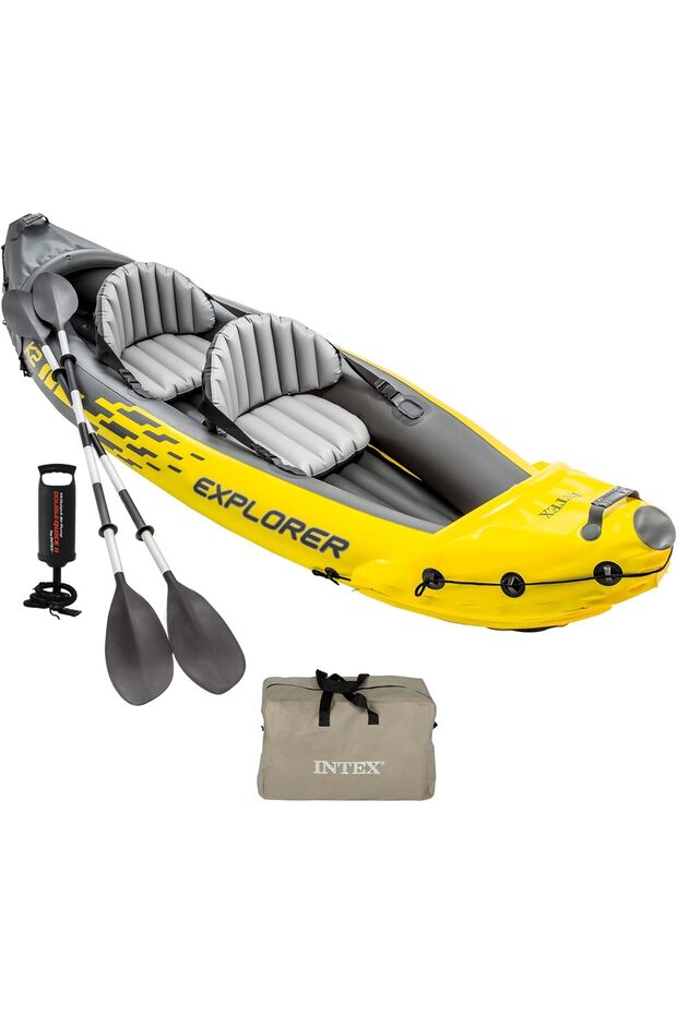 Explorer K2 Kayak, 2-Person Inflatable Kayak Set with Aluminum Oars and High Output Air Pump
