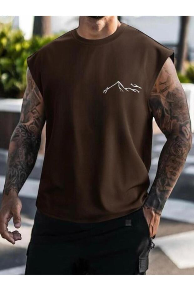 Cycling Collar Line Mountain Printed 100% Cotton Large Size Sleeveless Men's T-Shirt