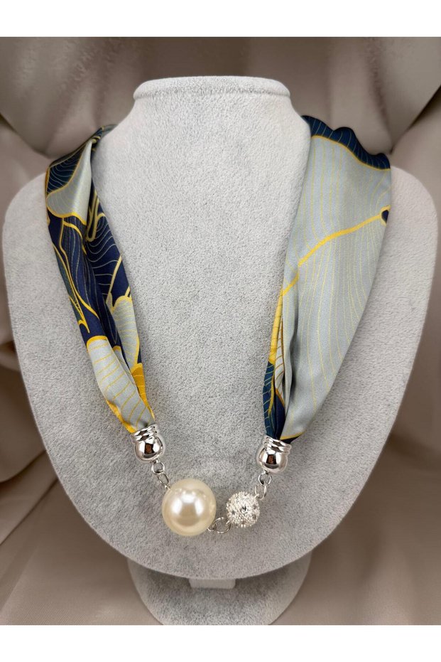 Women's Gray Navy Blue Patterned Scarf Necklace with Large Pearl Detail, Stylish Fabric Neck Necklace