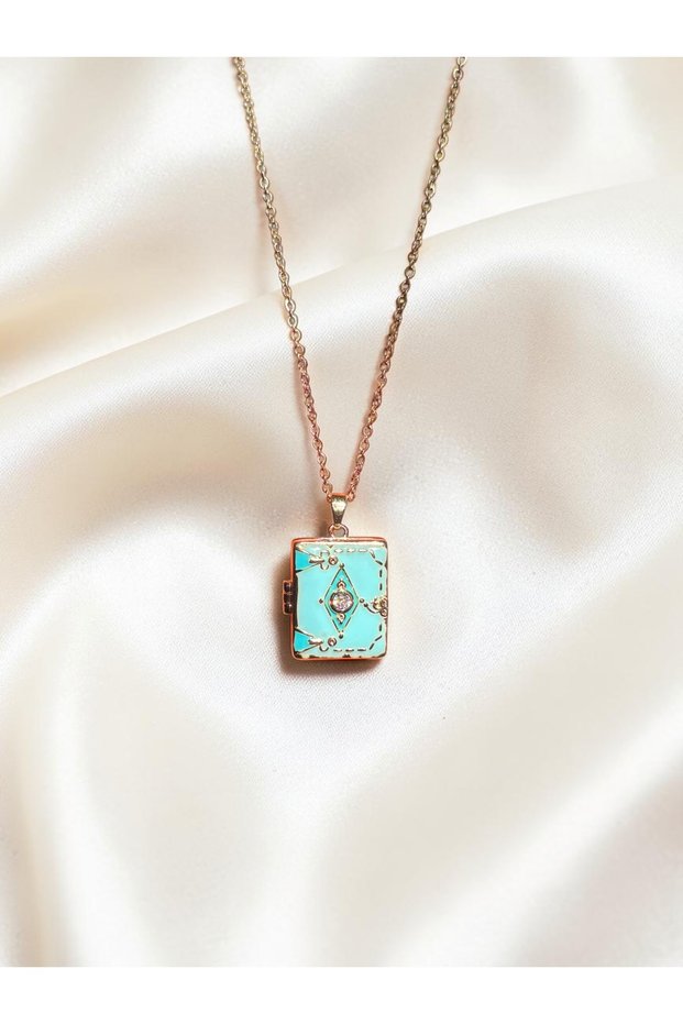 Women's Steel Turquoise Square Locket Necklace, Turquoise Stone Openable Photo Necklace