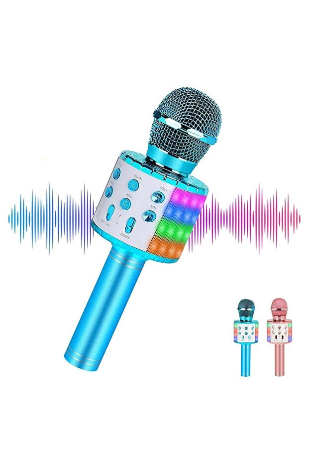 Portable Wireless Singing Karaoke Mic Machine with LED Light for Home Party & Birthday Gifts (Blue)