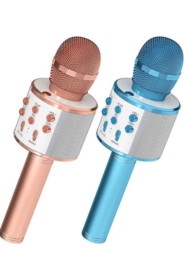 2 Pack Wireless Bluetooth Karaoke Microphone for Kids – Portable Handheld Mic Speaker Machine in Rose Gold & Blue, Perfect Gift for All Ages