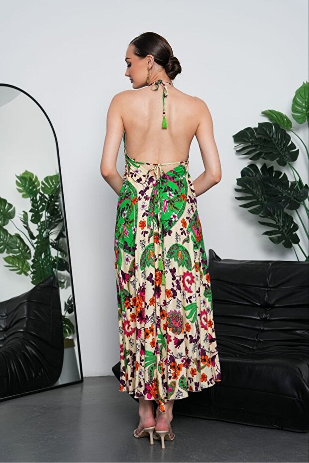 Ethnic Patterned Backless Slit Long Dress - 2