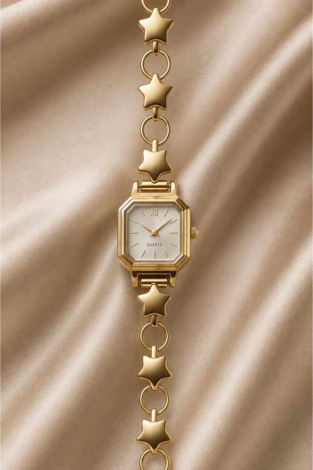 Goldas Women Gold Star Bracelet Watch Square Case with White Dial Steel Chain Luxury Vintage Elegant Female Wristwatch 2026