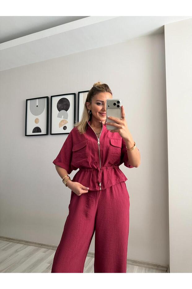 Short Sleeve Jacket and Pants Set with Waist Tie Strings