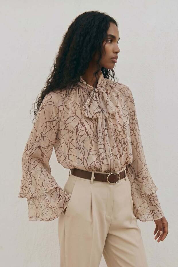 Patterned Scarf Blouse - Brown - 1