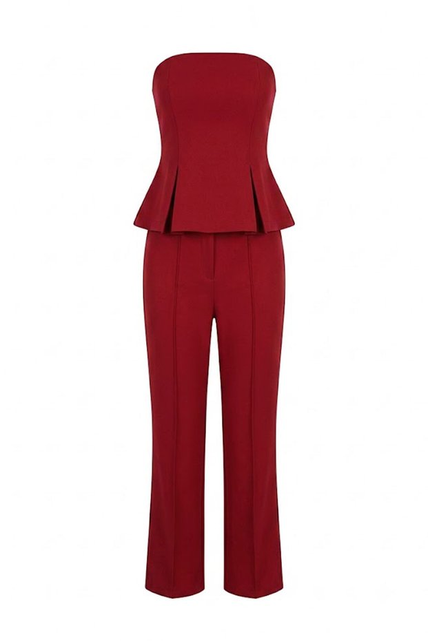 Strapless Front Stitched Jumpsuit Red