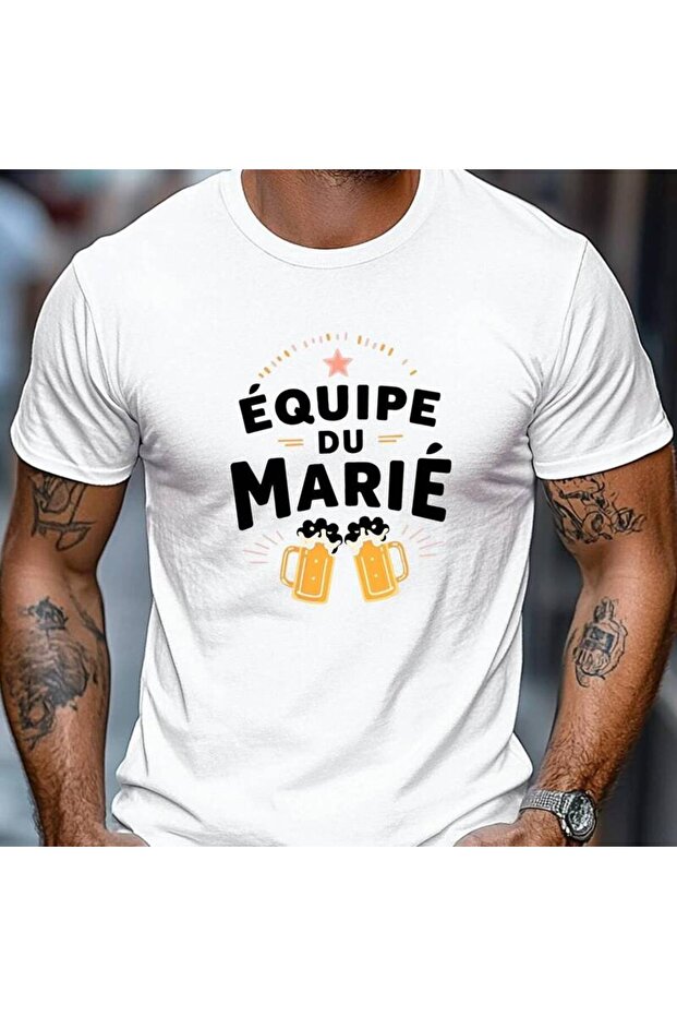 تي شيرت رجالي قصير الأكمام برقبة دائرية ونمط ÉQUIPE DU MARIÉ صيفي كاجوال