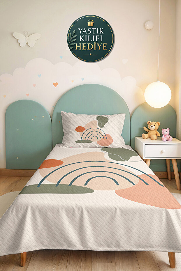 Boho Rainbow Green Young Room Single Pique Set-Pastel Salmon 160X220Cm Quilted Bedspread