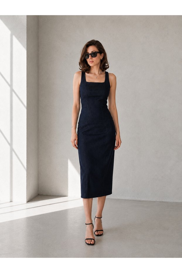 Women's Indigo Slim Fit Midi Denim Dress