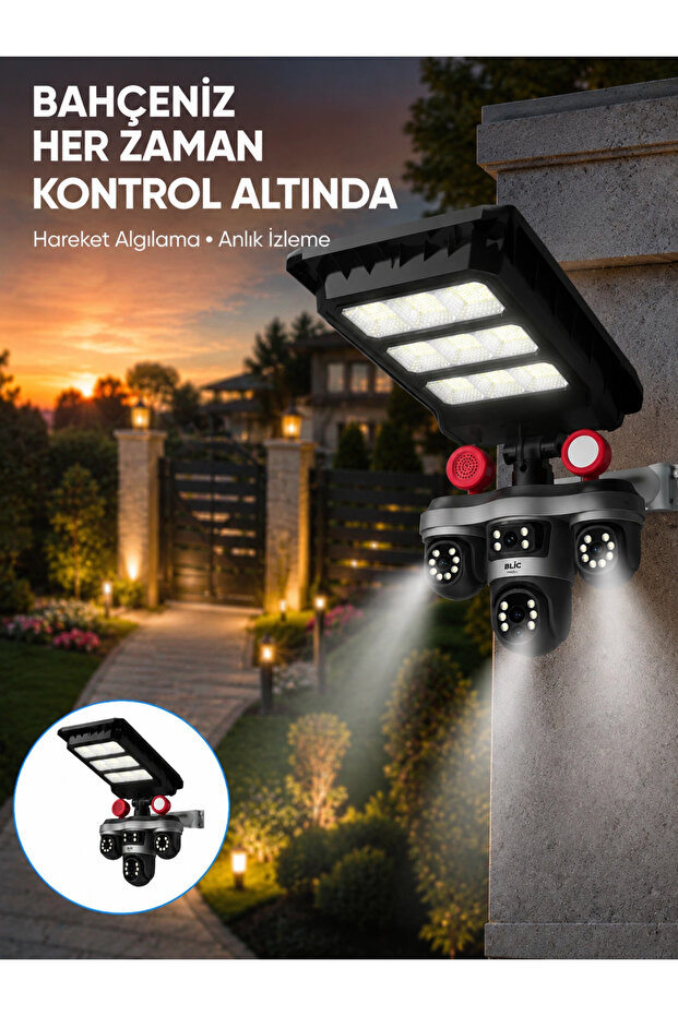 نظام حماية خارجي يعمل بالطاقة الشمسية مزود بثلاث عدسات وكاميرا أمان ذكية مع كشاف LED