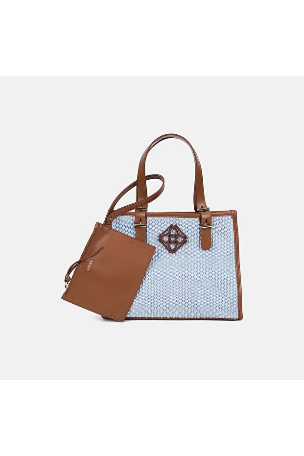 Women's Blue Wallet with Accessories and Leather Detailing Straw Handbag