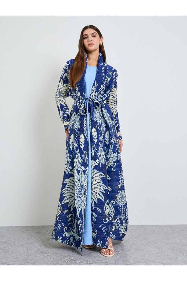 Blue All Over Print Plisse Abaya with Tie-Belt