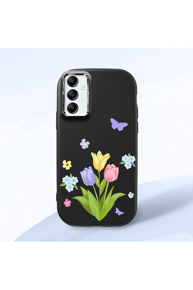 Samsung Galaxy A14 Compatible Case Camera Protector Black Silicone Couple Phone Case with Floral Pattern