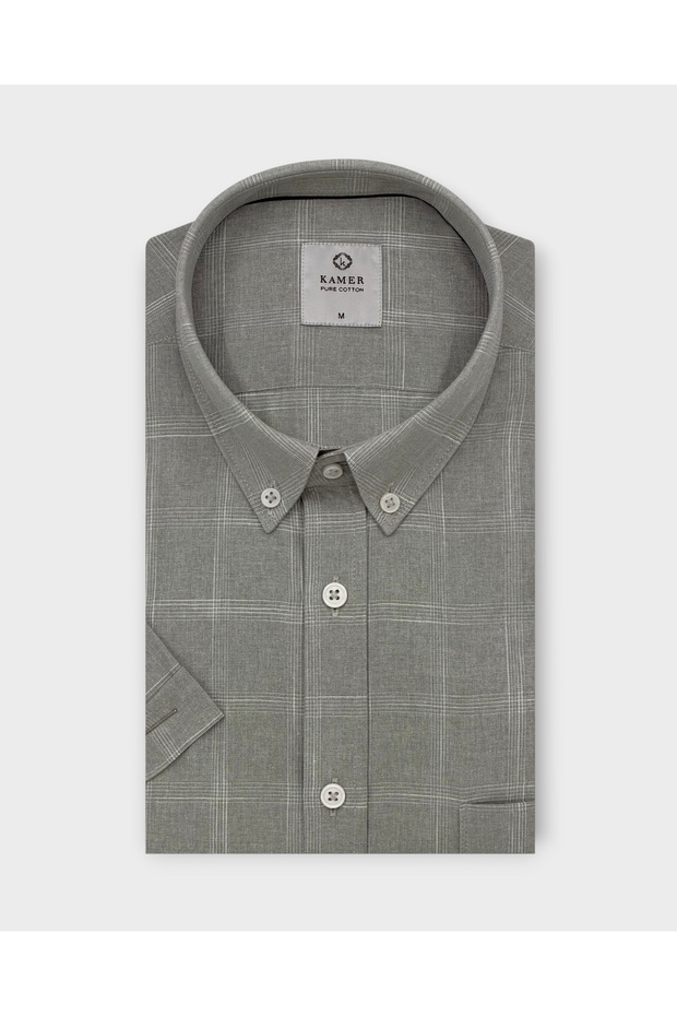 Men's Regular Fit Short Sleeve 100% Cotton Button-Up Collar Checked Gray Shirt 9592g