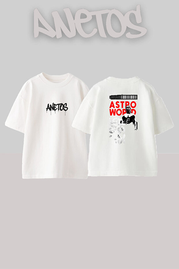 تي شيرت أبيض كبير الحجم مطبوع بتصميم ترافيس سكوت Astroworld_7