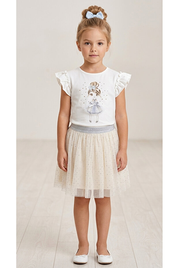 Girl's Stone Printed Ruffle T-Shirt and Glitter Tutu Skirt 2-Piece Set