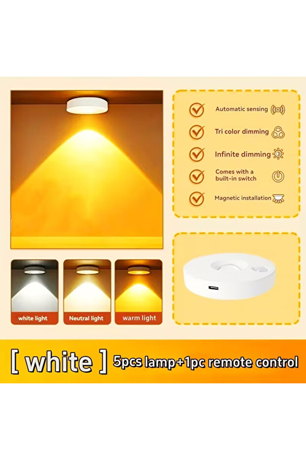bai-5pcs-A002-1 5 قطع إضاءة LED تحت الخزانة بمنفذ USB، إضاءة ليلية قابلة للتعتيم وقابلة لإعادة الشحن مع جهاز تحكم عن بعد