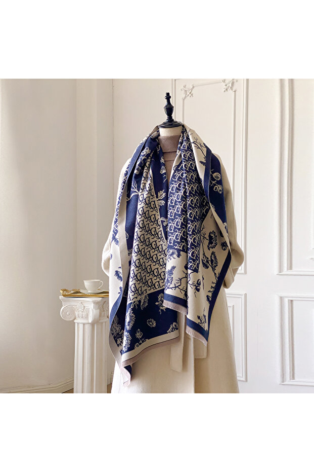 Blue New Winter Luxury Women's Double-Sided Jacquard Cashmere Scarf Warm Elegant Pashmina Shawl Outd