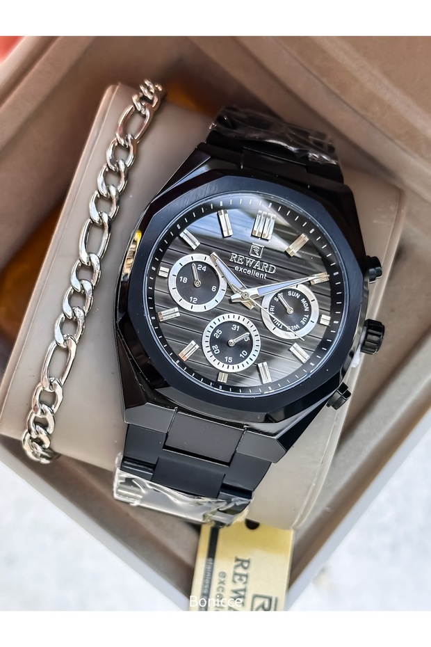 Functions Active, Black Steel Cord in Stylish Box, Black Dial, Men's Wristwatch with Calendar + Chain Bracelet
