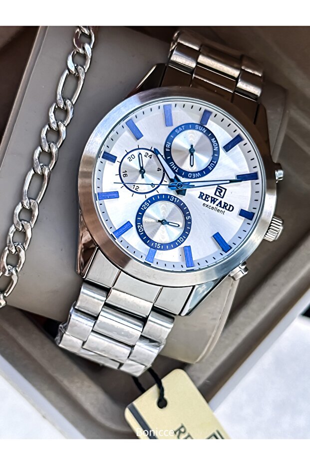 Functions Active, Silver Steel Cord in Stylish Box, White Dial, Men's Wristwatch with Calendar + Chain Bracelet